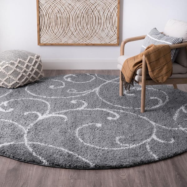 Soho Shag Floral Gray 6 ft. Round Indoor Area Rug