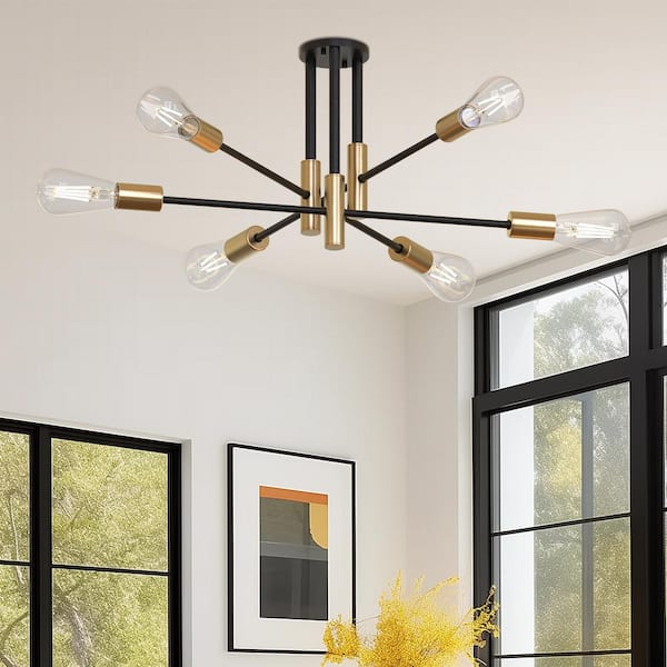 Unique Modern Sputnik 32.7 In. 6-Light Black Semi- Flush Mount with Aged Brass Socket Cups and No Bulb Included 1-Pack