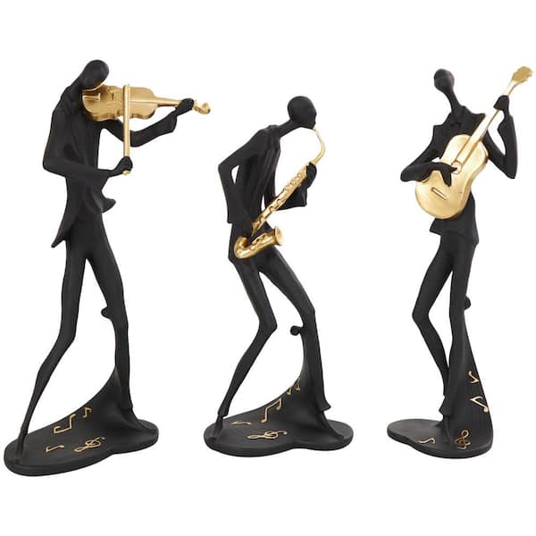 Litton Lane Mavern Black 4 in. x 15 in. Polystone Abstract Musician Sculpture with Gold Instruments and Music Notes (Set of 3)