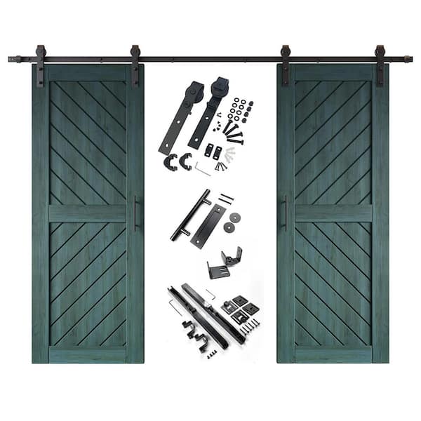 HOMACER XT4 30 in. x 80 in. C-Panel Royal Pine Slanted Stripe Design Double Pine Wood Sliding Barn Door with Hardware Kit