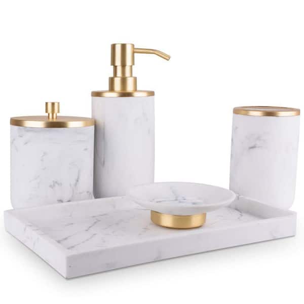 Dracelo 5-Piece Bathroom Accessory Set with Dispenser, Toothbrush Holder,  Vanity Tray, Soap Dish in Antique Brass B08QFG1XW2 - The Home Depot