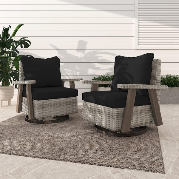 INMITOM Wicker Patio Outdoor Rocking Chair Swivel Lounge Chair with Black Cushion (2-Pack)