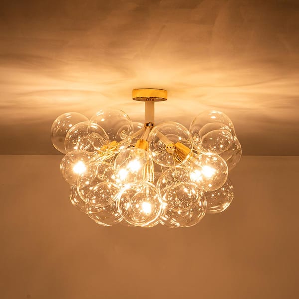 Alma 6 Light Gold Semi Flush Mount with Wrap-around White Leather Branch Chandelier LED Ceiling Light, LED Bulb Inclued