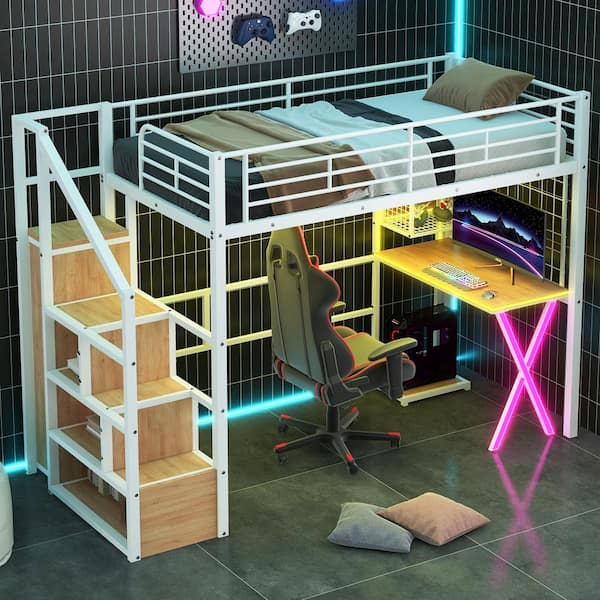 Harper & Bright Designs Gaming Style White Twin Size Metal and Wood Loft Bed with Built-in Desk, Wardrobe, LED Light, Storage Staircase