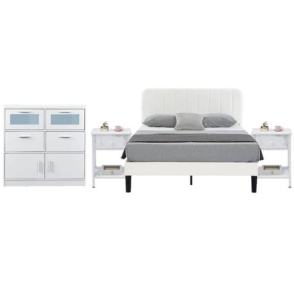 VECELO Modern Bedroom Set 4-Piece with LED Dresser, 2 Industrial Nightstands, and Full Upholstered Metal Bed Frame, White