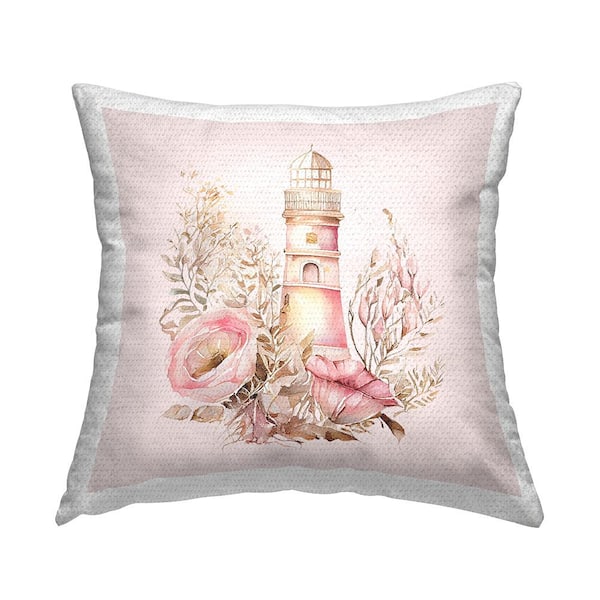 Pink Floral Lighthouse Pink Square Outdoor Throw Pillow