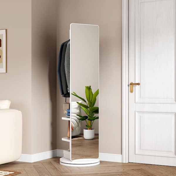 360° Rotating Floor Mirror with Coat Hooks,Shelves Bedroom and Entryway,White 19.7 in. W x 69 in. H Full-Length Mirror