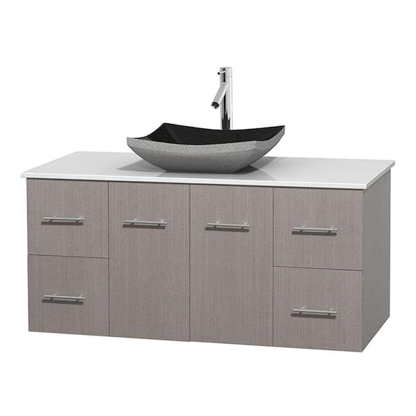 Wyndham Collection Centra 48 in. Vanity in Gray Oak with Solid-Surface Vanity Top in White and Black Granite Sink