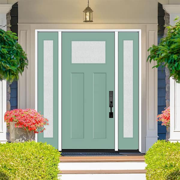 Legacy 64 in. x 80 in. 1/4-Toplite Rain Glass LHIS Quarry Finish Fiberglass Prehung Front Door with Dbl 12 in. SL