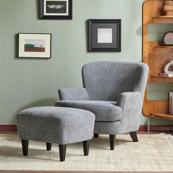 Willey Modern Polyester Upholstered Accent Chair with Ottoman, Birch Legs, Dusty Blue