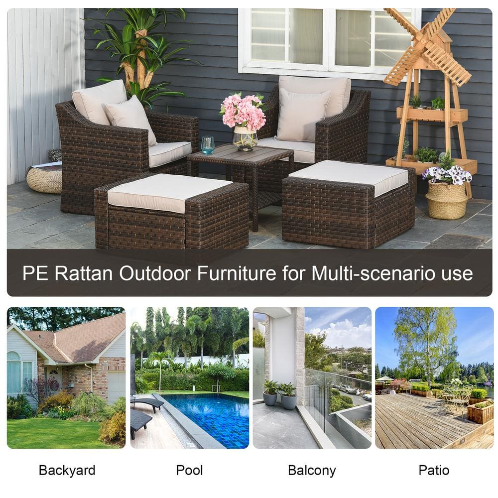 Beige PE Rattan 5-Piece Outdoor Patio Conversation Set
