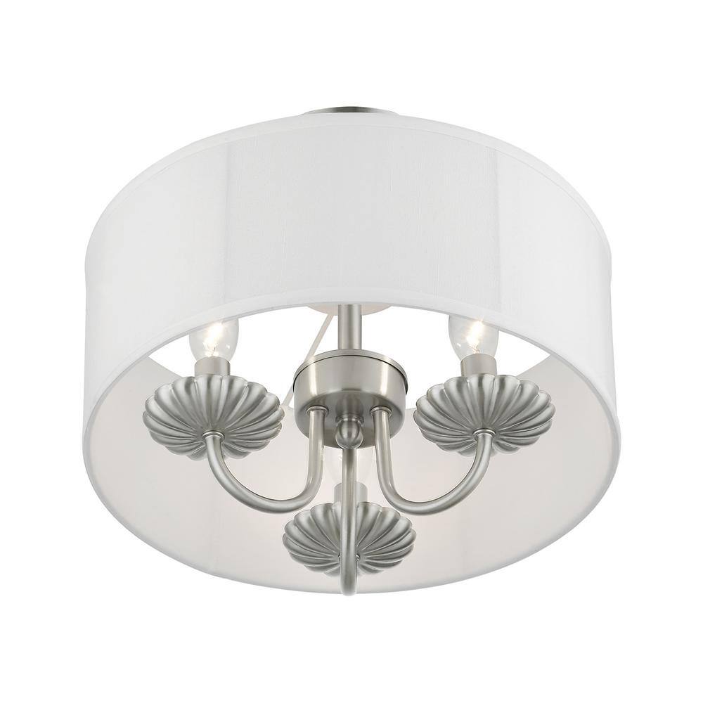 Transitional Brookdale Brushed Nickel 3-Light Semi-Flush Mount with Off-White Drum Shade