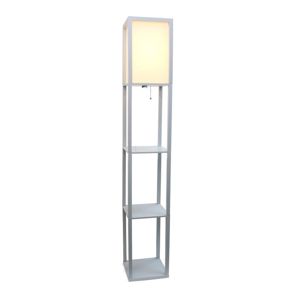 Gray Wood Floor Lamp with Linen Shade and Shelves