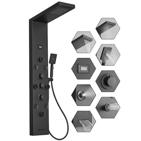 8-Jet Rainfall Shower Tower Shower Panel System with Rainfall Waterfall Shower Head, LED Light in Matte Black