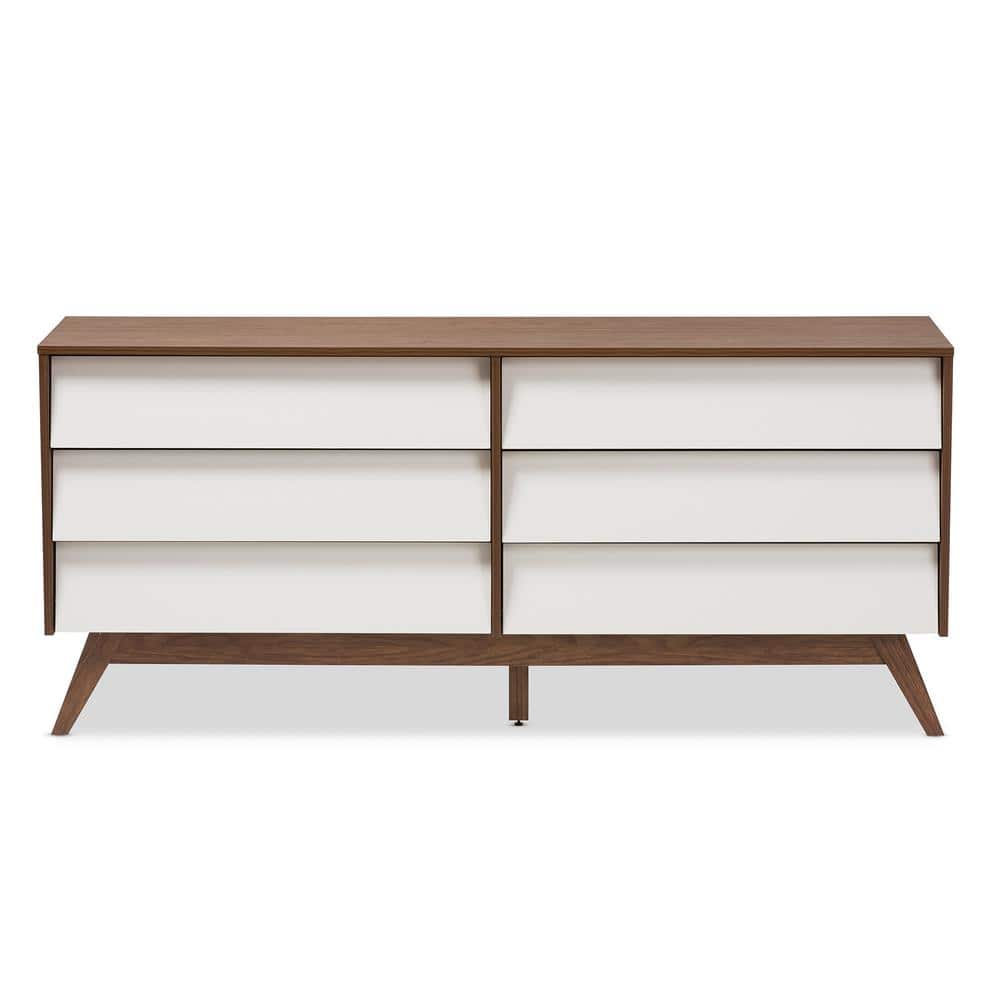 Mid-Century Modern White & Walnut 6-Drawer Storage Dresser