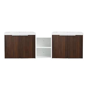 18 in. W x 60 in. D x 19 in. H 2 Sink Wall Mounted Bath Vanity in Walnut with White Resin Top and 1-Storage Shelves