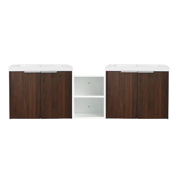 FUNKOL 18 in. W x 60 in. D x 19 in. H 2 Sink Wall Mounted Bath Vanity in Walnut with White Resin Top and 1-Storage Shelves