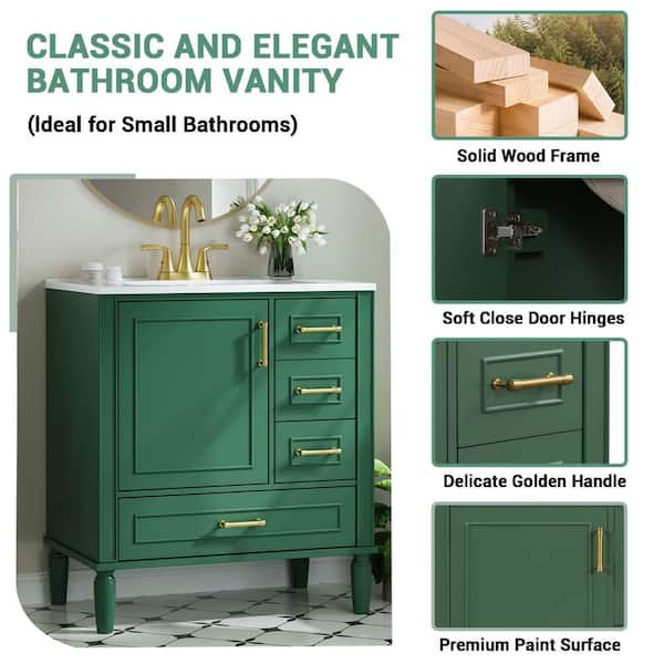 30 in. Single Sink Green Bath Vanity with White Ceramic Top (Self Assembly Needed)