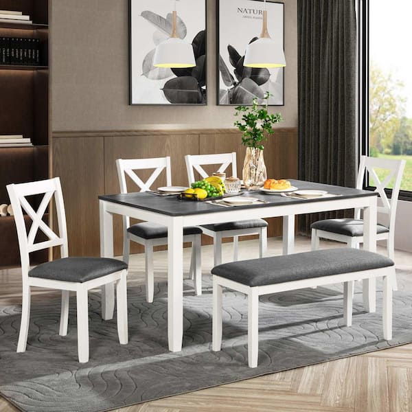 6-Piece Rectangle White/Gray Wood Top Dining Room Set Seats 6