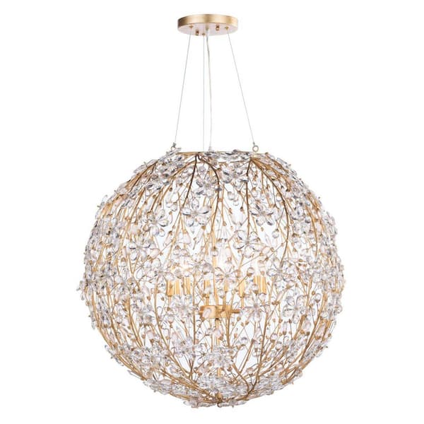 HUOKU Ramas 30 in. W 8-Light Chandelier with Crystal Flowers and Gold Globe Frame Modern Pendant Light for Foyer