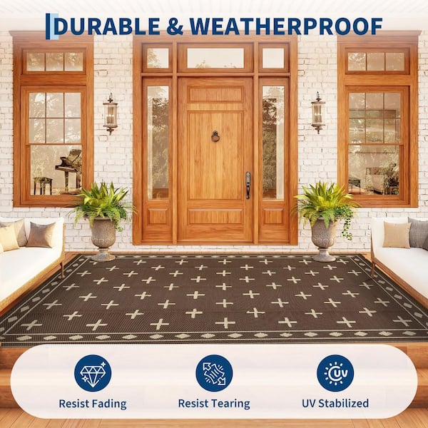 Brown 9 x18ft. Reversible Waterproof Outdoor Rug Plastic Straw Patio Carpet for Deck, Porch, Balcony, Backyard, Garden