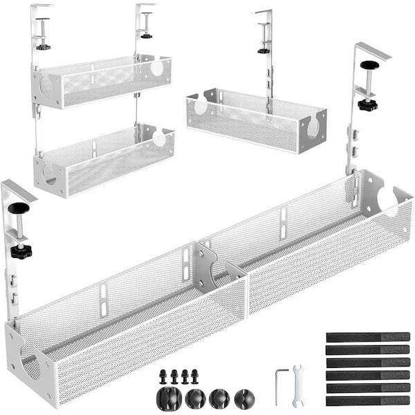 Under Desk Cable Management Tray Clamp Mount No Damage Installation White 2 Pack