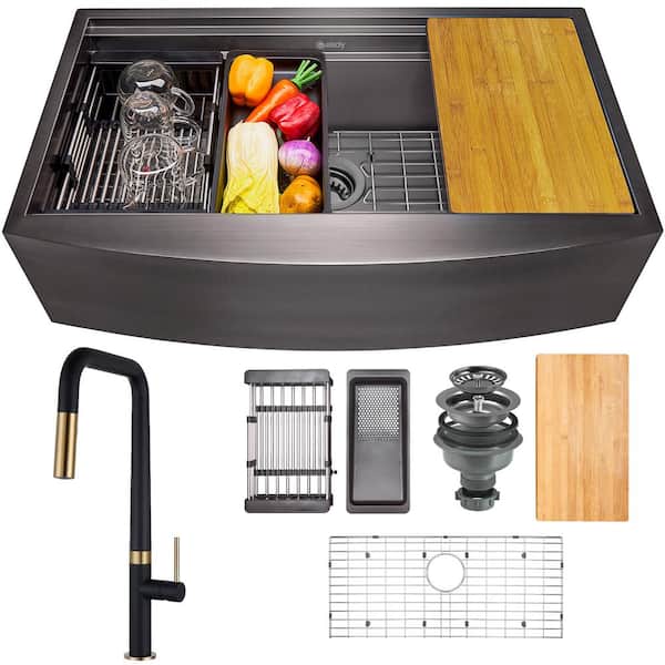 AKDY Gunmetal Matte Black Stainless Steel 33 in. x 22 in. Single Bowl Farmhouse Apron Kitchen Sink with Faucet