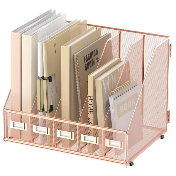 12.4 in. x 16.34 in. Desk Organizers Metal Desk Magazine File Holder with 5-Vertical Compartments, Rose Gold Small