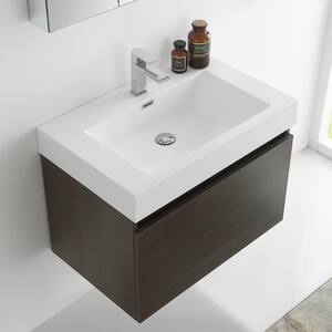Mezzo 30 in. Vanity in Gray Oak with Acrylic Vanity Top in White with White Basin and Mirrored Medicine Cabinet