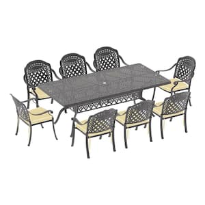 Isabella Black 9-Piece Cast Aluminum Outdoor Dining Set with Rectangle Table and Dining Chairs with Random Color Cushion