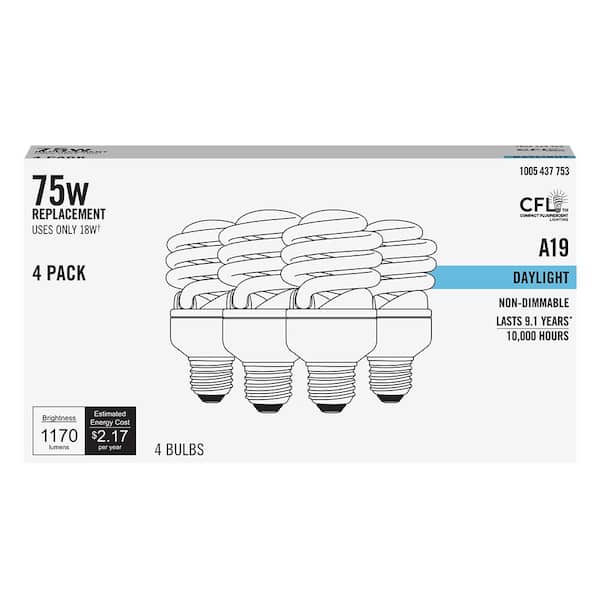 Unbranded - 75-Watt Equivalent A19 Spiral Non-Dimmable E26 Medium Base CFL Compact Fluorescent Light Bulb, Daylight 5000K (4-Pack)