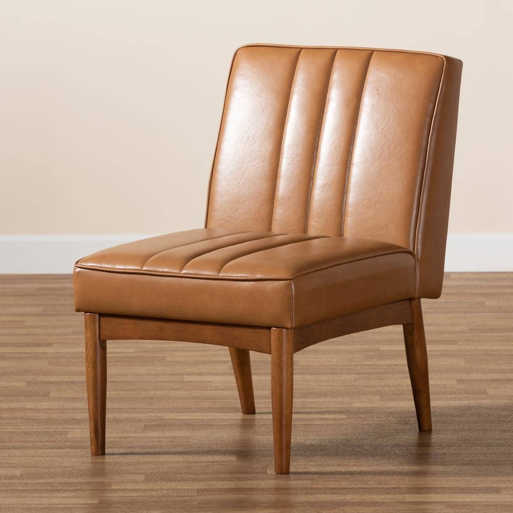 Tan Faux Leather and Walnut Wood Low Arm Chair