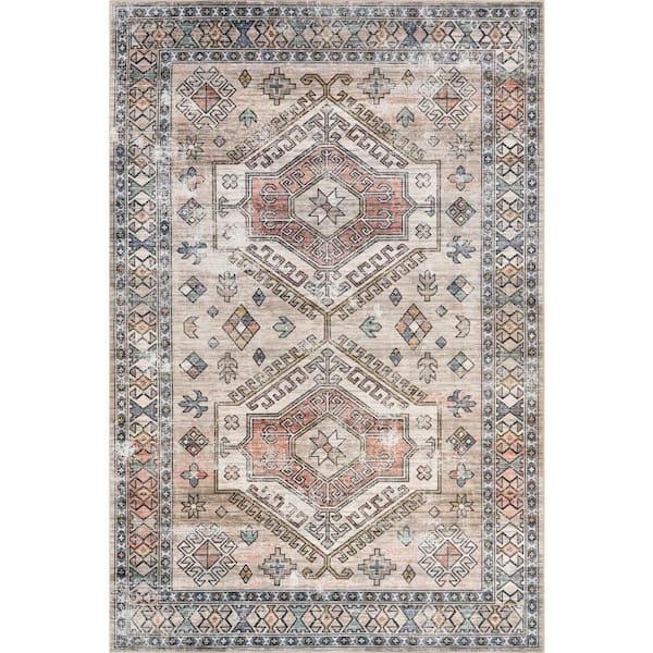 Nordic Emblems Spill Proof Washable Peach 5 ft. x 8 ft. Indoor Area Rug