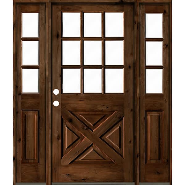 Krosswood Doors 64 in. x 80 in. Alder 2 Panel Right-Hand/Inswing Clear Glass Provincial Stain Wood Prehung Front Door w/Double Sidelite