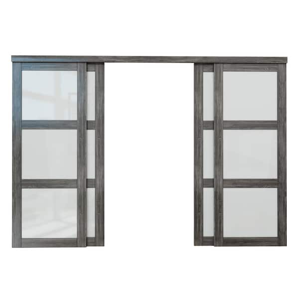 ARK DESIGN 120 in. x 80 in. 3-Lites Tempered Frosted Glass Dark Walnut MDF Closet Sliding Door with Hardware Kit