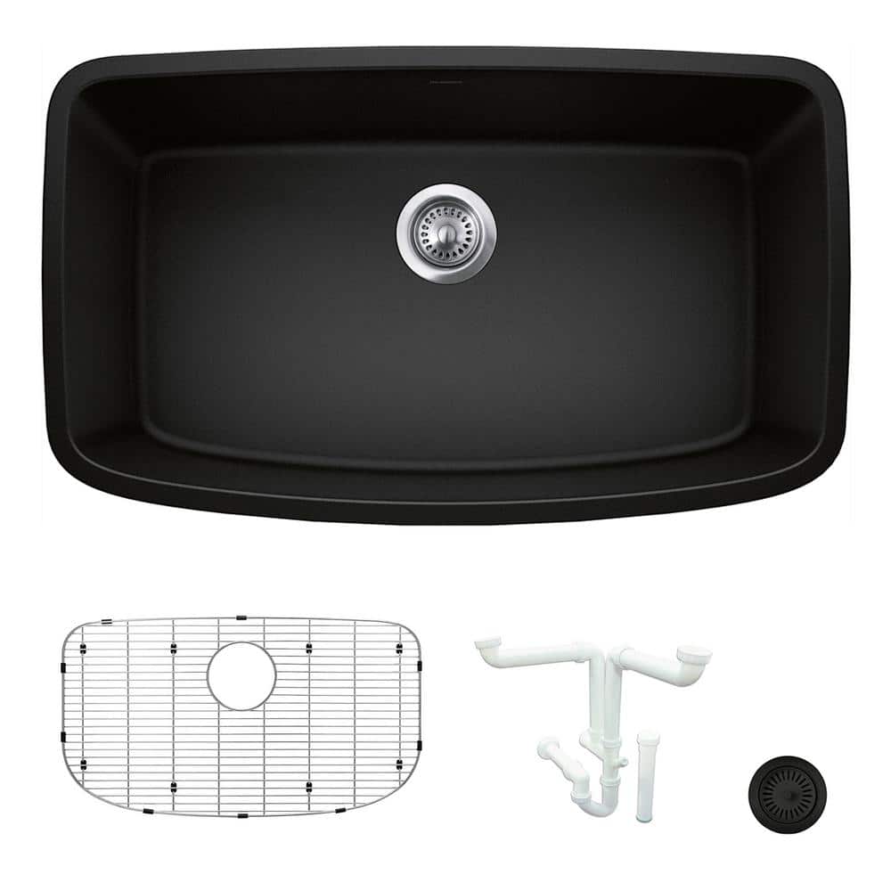 Valea 32 in. Undermount Single Bowl Coal Black Granite Composite Kitchen Si