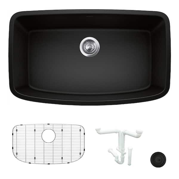 Blanco Valea 32 in. Undermount Single Bowl Coal Black Granite Composite Kitchen Sink Kit with Accessories