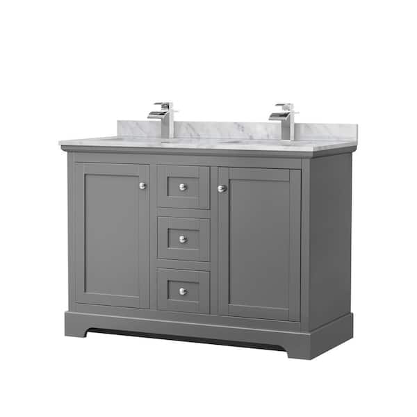 Wyndham Collection Avery 48 in. W x 22 in. D Double Vanity in Dark Gray with Marble Vanity Top in White Carrara with Square Basins