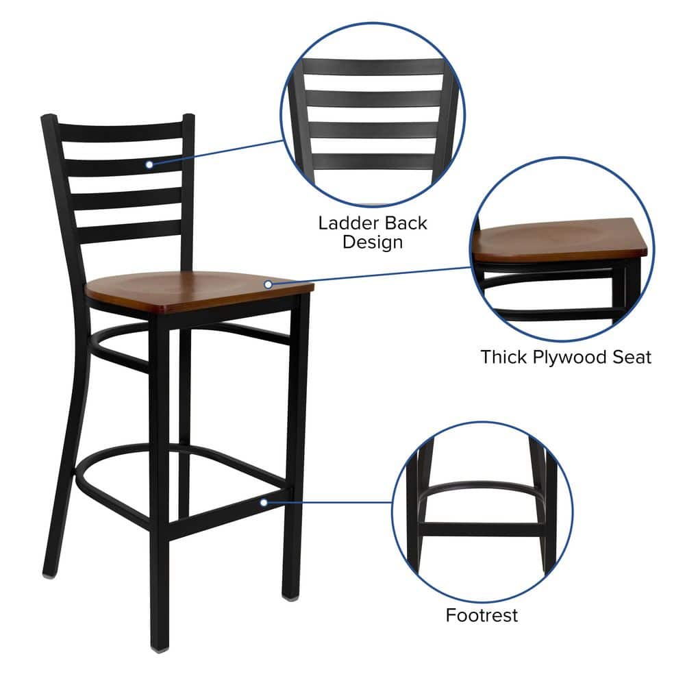 Elegant Ladder Back Black Metal Barstool with Cherry Wood Seat