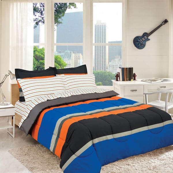 ROYALE LINENS Rugby Stripe 7-Piece Orange Queen size Bed in a Bag with Reversible Comforter