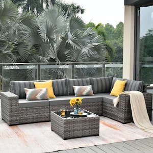 Marvel Gray 6-Piece Wicker Wide Arm Patio Conversation Set with Striped Gray Cushions