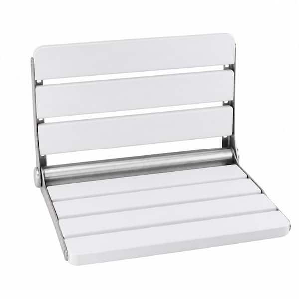 16 in. Folding Wood Shower Bench in White for Small Shower Spaces, Wall Mounted, 400 lbs. Max Load for Inside Shower