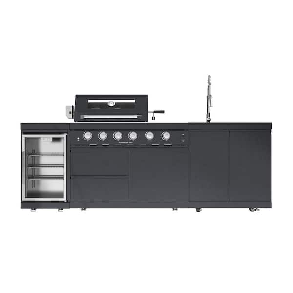 98 in. W 6-Burner Propane Gas Grill Island in Black, with Wine Cooler, Compact Refrigerator, Rotisserie kit