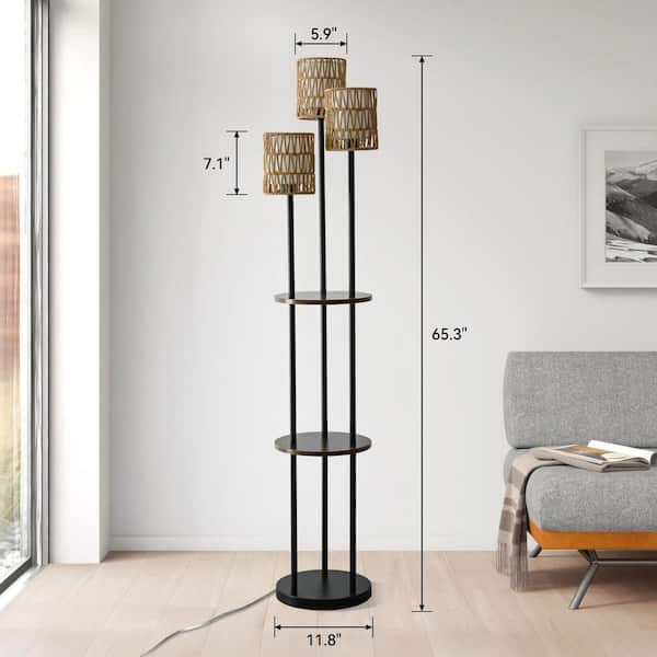 CACI Mall 65 in. Black Boho 3-Light Tree Floor Lamp with Shelves