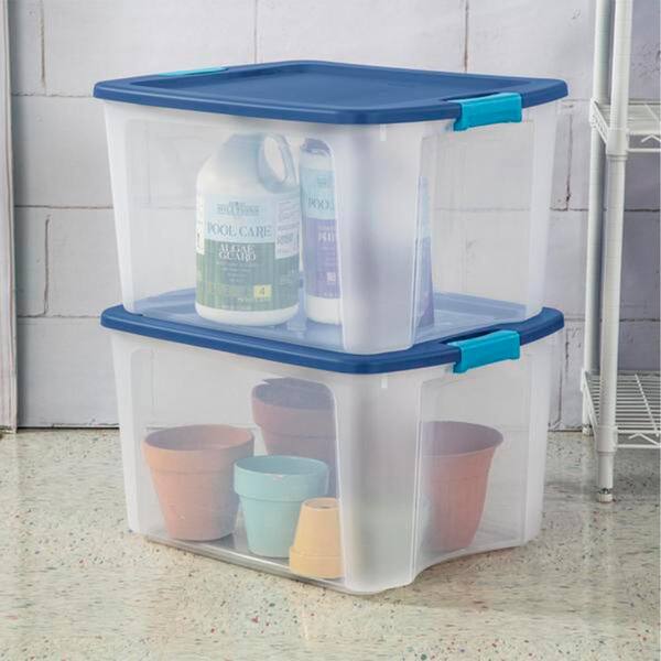 Sterilite 18 Gal Latch and Carry, Stackable Storage Bin with Latching Lid,  Plastic Tote Container to Organize Closets, Blue with Blue Lid, 12-Pack