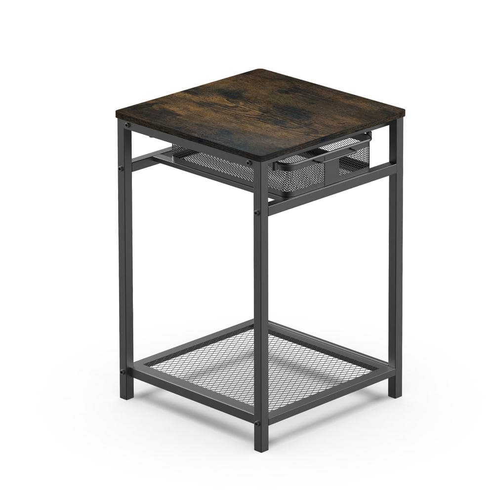 Rustic Brown Metal Outdoor Side Table with Grid Storage Drawer