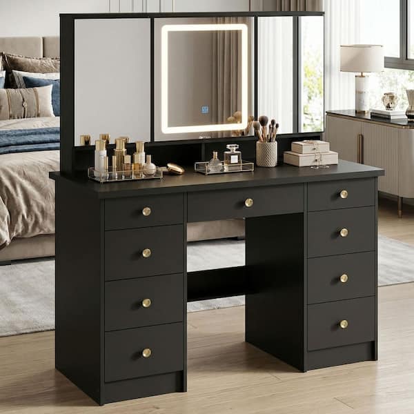 black dressing table with storage Modern Black Console Table with Open Tabletop & 4 Storage Drawers for Bedroom Dressing Table Desk Livingroom Sofa Entryway Table - Bed Bath & Beyond