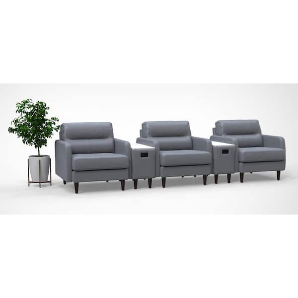 Leather Cushioned High-Back Ergonomic Lobby Arml Chairs in Gray with Integrated Charging Table for 3 persons