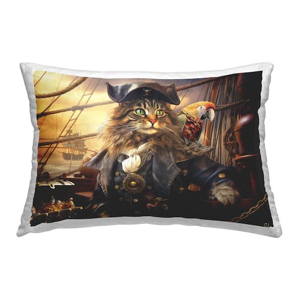 Stupell Industries Pirate Cat Aboard Ship Brown Print Polyester 14 in. x 20 in. Throw Pillow