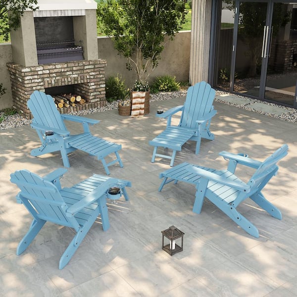 Lake Blue Folding Adirondack Chair with Retractable Ottoman Fire Pit Patio Chair with Cup Holder (4-Pack)